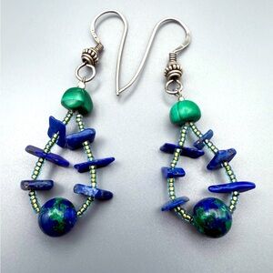 Sterling Silver Malachite Azurite Natural Gemstone Vintage Earrings